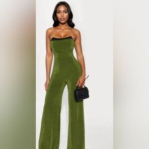 Fashion Nova Olive Green Strapless Wide-Leg Jumpsuit